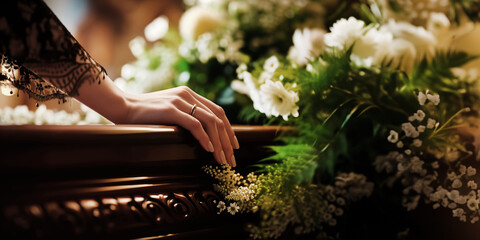 Last goodbye, hands of an young woman on the coffin during the funeral, casket with white flowers, indoor  ceremony web banner - 750751758