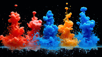 A dynamic display of paint splashes against a stark black backdrop. Vibrant Paint Splashes on Black Background