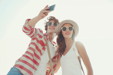 Happy young fashion and stylish couple taking a selfie with a smartphone, smiling man and woman on summer vacations, isolated on white background - 750751915
