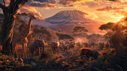 Naklejka premium Group of many African animals giraffe, lion, elephant, monkey and others stand together in with Kilimanjaro mountain on background. AI Generated.