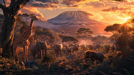 Küchenrückwand Plexiglas Kilimandscharo Group of many African animals giraffe, lion, elephant, monkey and others stand together in with Kilimanjaro mountain on background. AI Generated.