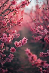 Field of Pink Flowers With Background Mountains