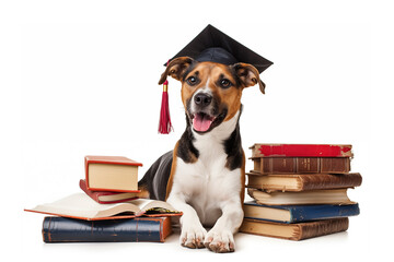 Cute Jack Russel Terrier wearing a graduation cap, happy graduate dog with a pile of books on white background, fun graduation card - 750752193