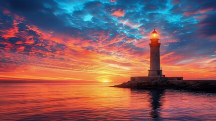 Sunset Over Ocean With Lighthouse in Distance