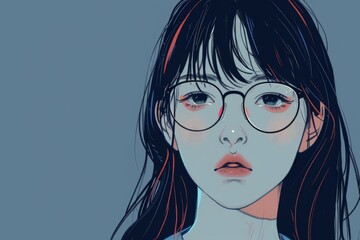 A realistic drawing of a girl with glasses perched on her face, showcasing detailed features and expression.