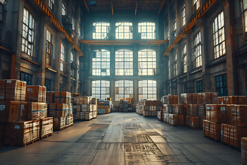 Old warehouse in an industrial area with large windows and things arranged randomly. - obrazy, fototapety, plakaty