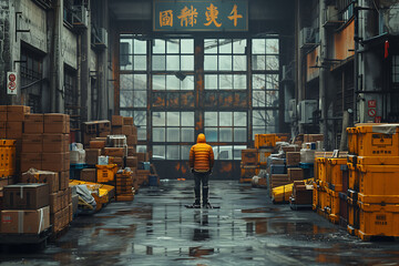 person in yellow coat in front of the doors of a decadent warehouse with Chinese lettering