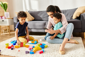 beautiful african american mother looking at phone while her sons playing with cubes at home