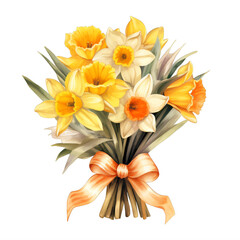 bouquet of daffodils with an orange bow on a transparent background png isolated
