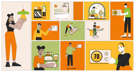 Saving energy at home bento grid illustration set. Lower electricity costs home appliances 2D vector image collage design graphics collection. Multicultural people flat characters moodboard layout