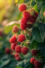 Ripe Raspberries Growing on Bush