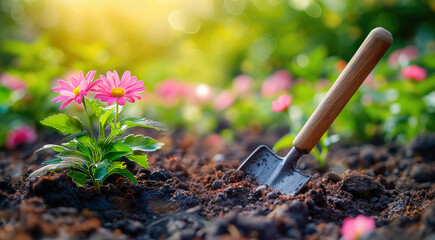 Spring garden works. Gardening tools and flowers on soil - 750754177