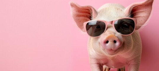 Pig in sunglasses on pastel background with text space for creative design and copywriting concepts. - obrazy, fototapety, plakaty