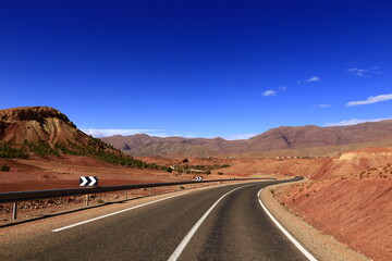Fototapeta na wymiar View on a road in the High Atlas which is a mountain range in central Morocco, North Africa, the highest part of the Atlas Mountains