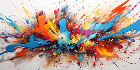 This artwork shows an explosive and vivid display of abstract splashes, embodying creativity and dynamism