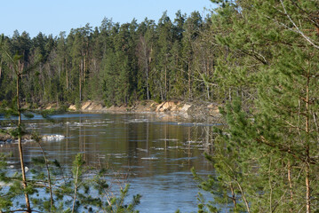 chunks of ice floating in the river on a sunny spring day