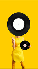 Contemporary art collage. Young woman with huge vinyl audio recorder posing holds smaller vinyl...