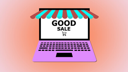 Laptop with GOOD SALE on scree concept for online shopping and discounts on a pink background. - obrazy, fototapety, plakaty
