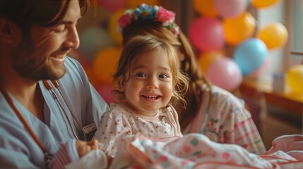 Little Girl Smiles Holding Bunch of Balloons