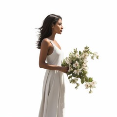 Woman in White Dress Holding Bouquet of Flowers