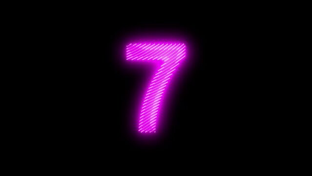 Video footage of Pink glowing Number Seven (7) neon icon. Looped Neon Lines abstract on black background.Laser Pictogram animation. Seamless loop. 4k video