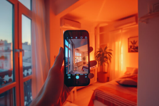 a person takes a picture on their smartphone of an apartment room, 