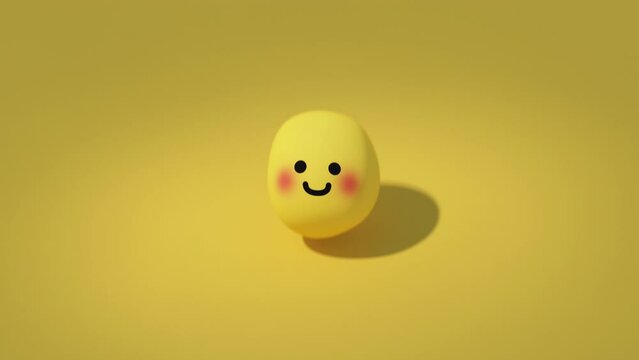 Happy smiley face character is jumping. Animated emoticon is unique designed. Seamless loop 3D render animation