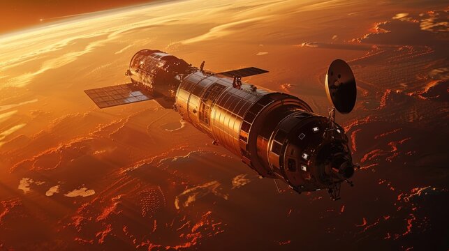Interplanetary Gateway: Sleek Spacecraft Approaches Martian Orbital Station for Docking