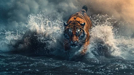 Tuinposter Siberian tiger, Panthera tigris altaica, low angle photo direct face view, running in the water directly at camera with water splashing around. Attacking predator in action. AI Generated. © Gosgrapher