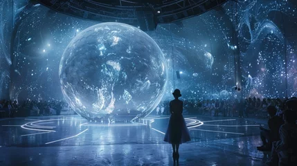 Fotobehang Weightless Ballet: Zero-Gravity Dance Spectacle in Space Colony’s Spherical Auditorium © Ivy