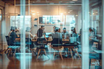 Fototapeta na wymiar Corporate Meeting in Modern Conference Room with Blurred Glass Walls and Group of People Sitting at Table