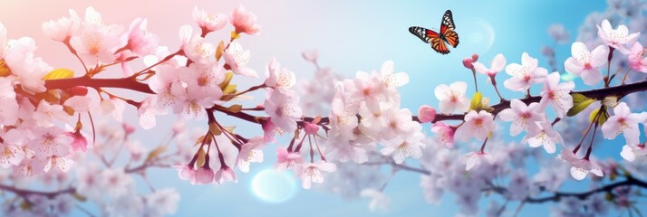 Butterfly Flying Over Tree With Pink Flowers