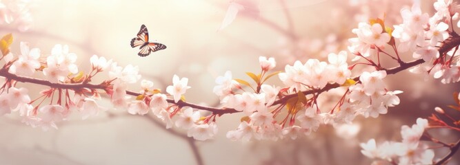 Butterfly Flying Over Tree With Pink Flowers