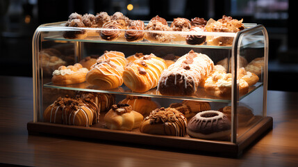 display case with baked goods. close-up 