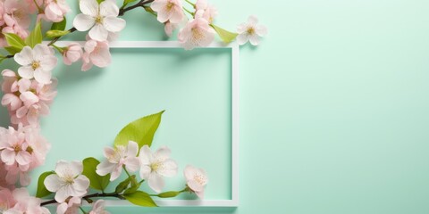 Square Frame With Pink Flowers on Green Background
