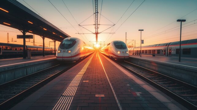 Sunrise casts a golden glow between two high-speed trains awaiting departure at a train station.