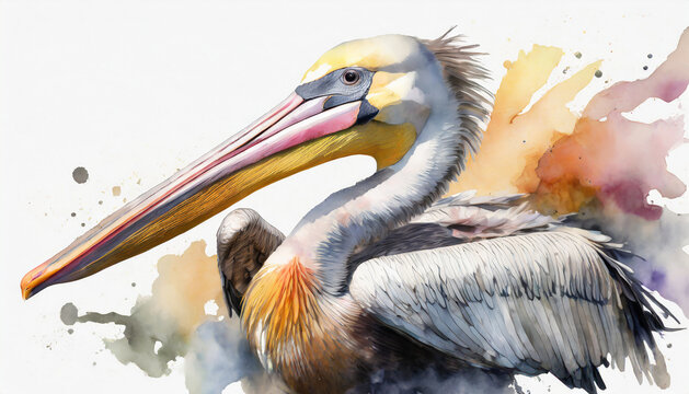 Watercolor illustration of Pelican bird. Wild animal. Hand drawn art
