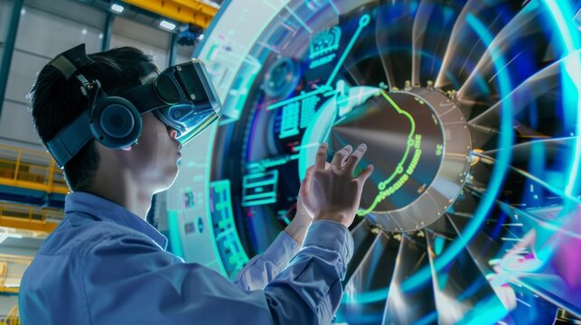 Aerospace Engineer Work on an Augmented Reality Airplane Jet Engine Simulation