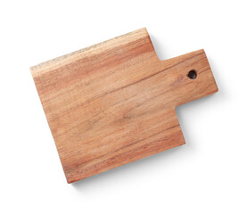 One wooden cutting board on white background, top view