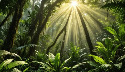 Naklejka premium jungle view of leaves and trees, rainforest, landscape