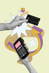 Photo cartoon comics sketch collage picture of arm paying credit card terminal isolated graphical...