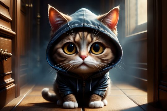 A cat in a sweatshirt with a hood on his head, with a serious expression on his face.