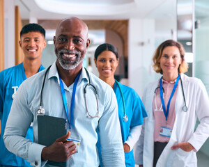 Portrait Of Smiling Multi Cultural Medical Team Wearing Scrubs And White Coats In Modern Hospital  - 750757121