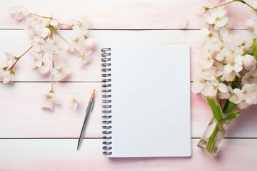Notebook, Pen, and Flowers on Pink Background