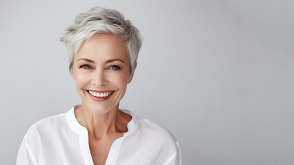 Elderly woman with smooth healthy facial skin on gray background. Aging mature woman with short gray hair, happy face. Concept of advertising beauty and cosmetics for women's skin care. Copy space. - obrazy, fototapety, plakaty