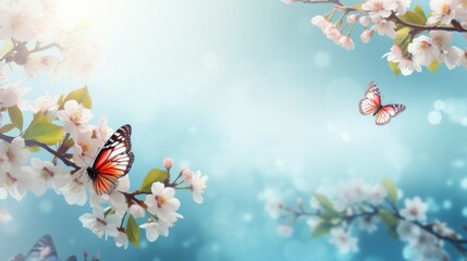 Two Butterflies Flying Over Blossoming Tree Branch