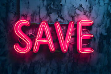 Neon word save on dark shabby wall. Neural network generated image. Not based on any actual scene or pattern.