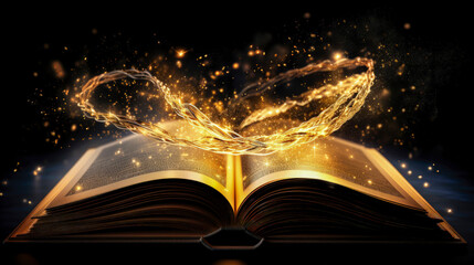 Large dark open book on black background. Golden rays and sparks around the book, a bright glow. The magic of reading. Close-up.