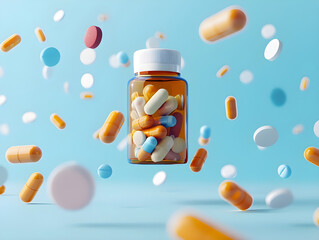 Font view of bottle with various pills and tablets on the blue background