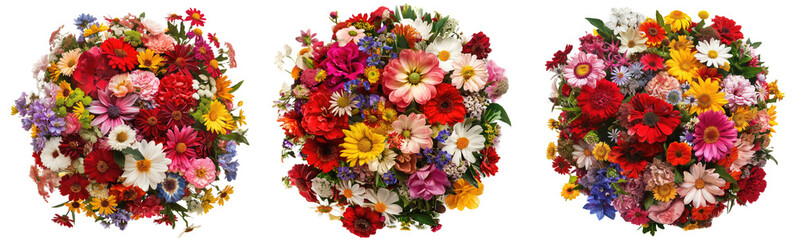 Assorted flower bouquets isolated on transparent. vibrant flower bouquets with various species, isolated on a transparent background